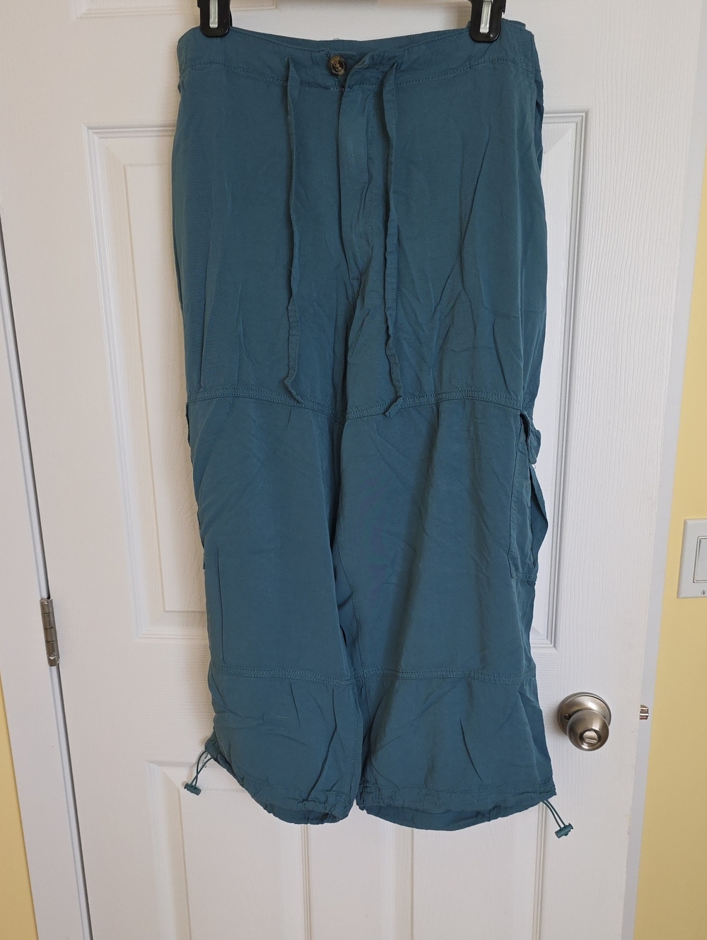Teal Wide-Leg Drawstring Cargo Ankle Length Pants